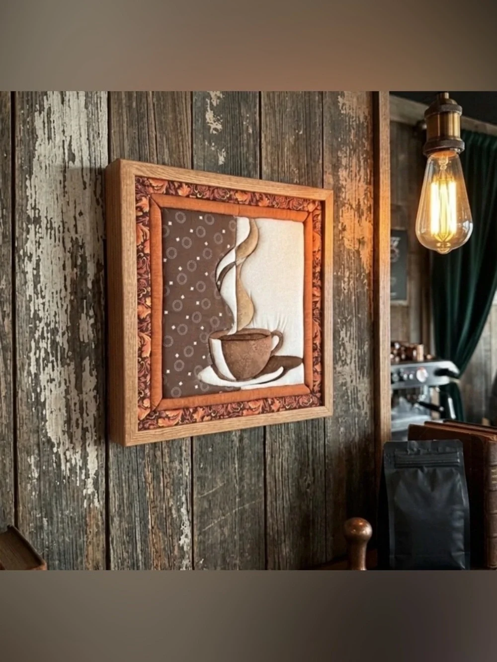 Coffee Quilted Bar Sign Barista Wall Hanging Fall Colors Coffee Mug Cup Art 13”